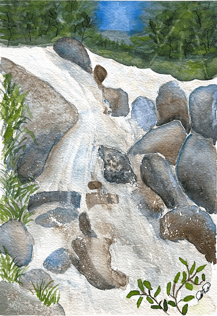 Bevo’s painting of a waterfall tumbling over rocks